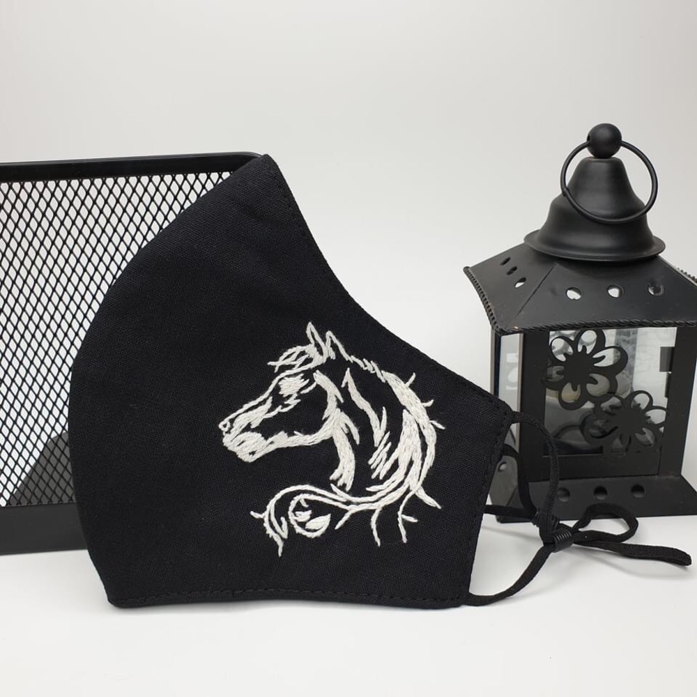 Horse Hand embroidered linen face mask-Large
